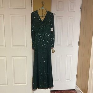 Xscape Dark Green Sequin Long Sleeve Dress